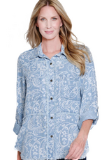 Sharon Young Inc Multiples  Denim Print Button  Up Fringed Shirt