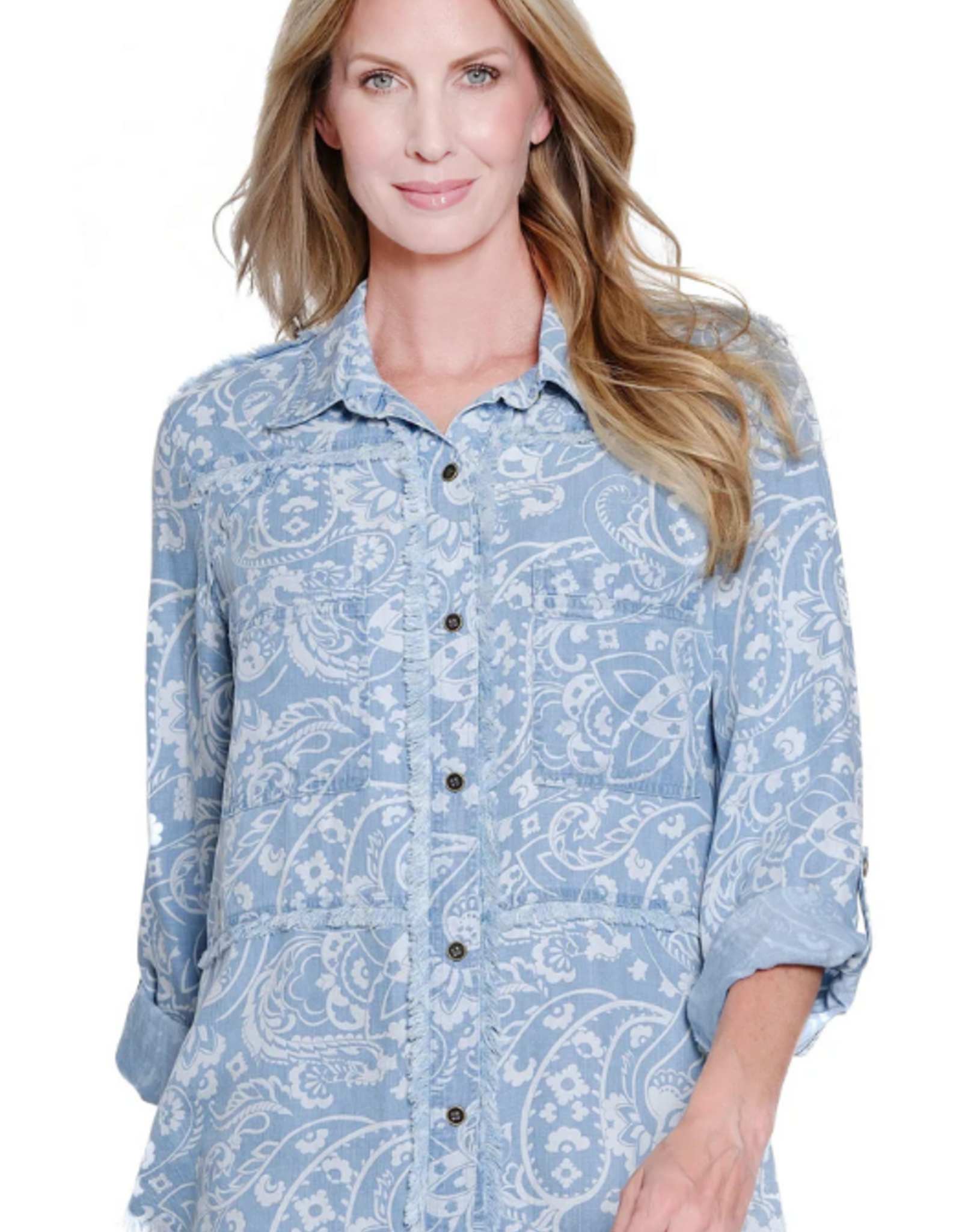 Sharon Young Inc Multiples  Denim Print Button  Up Fringed Shirt