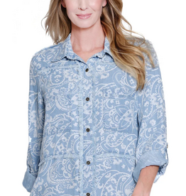 Sharon Young Inc Multiples Denim Print Button  Up Fringed Shirt
