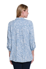 Sharon Young Inc Multiples  Denim Print Button  Up Fringed Shirt