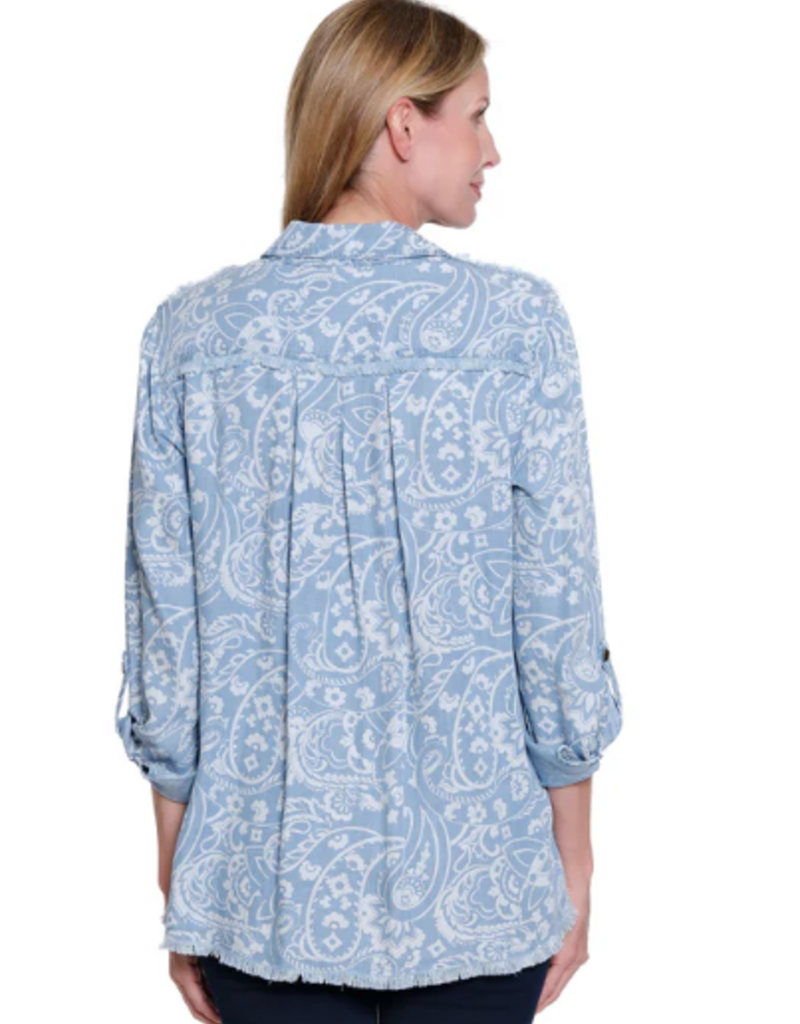 Sharon Young Inc Multiples  Denim Print Button  Up Fringed Shirt