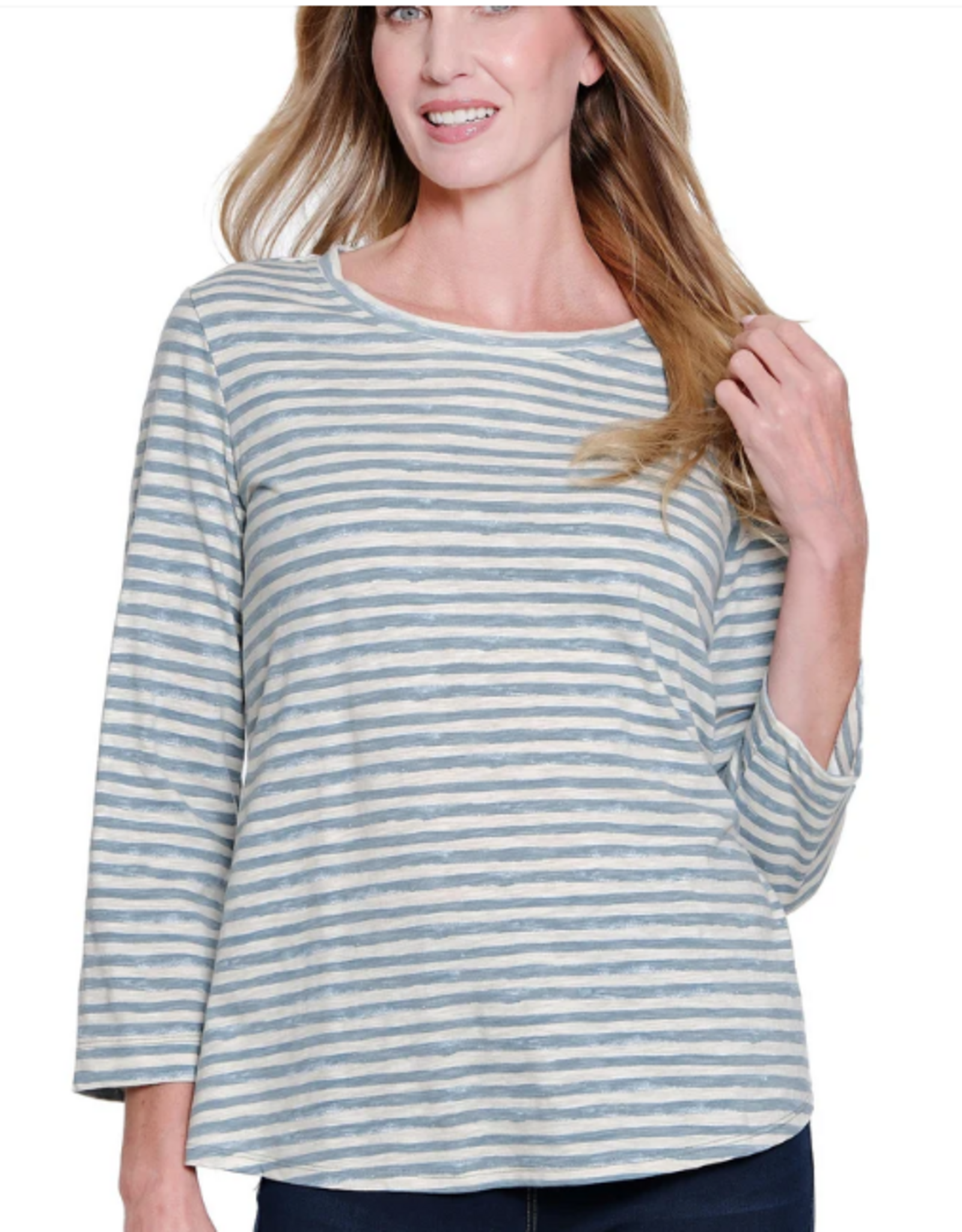 Sharon Young Inc Multiples Chambray Round Neck 3/4 Sleeve Top