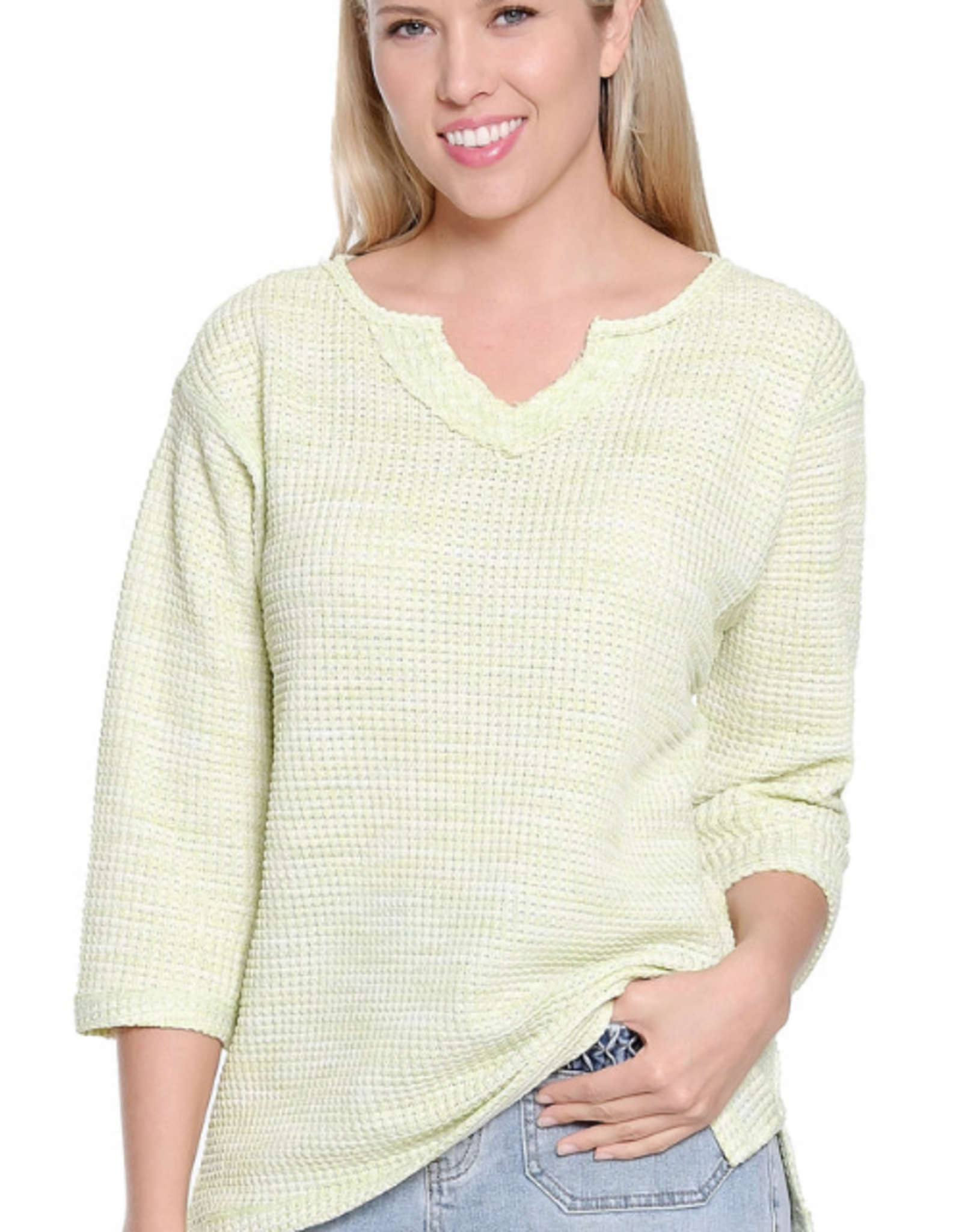 Sharon Young Inc Tru Lux Lime Notch Neck 3/4 Sleeve Textured Knit Top