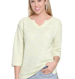 Sharon Young Inc Tru Lux  Lime Notch Neck 3/4 Sleeve Textured Knit Top