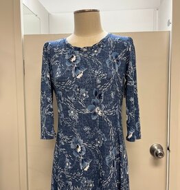 L.Hamrick Southern Lady Blue Denim Flower Print 3/4 Sleeve Dress