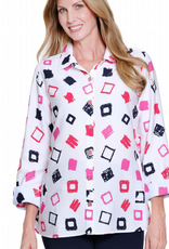 Sharon Young Inc Multiples White Multi Print Collar Button Up 3/4 Sleeve