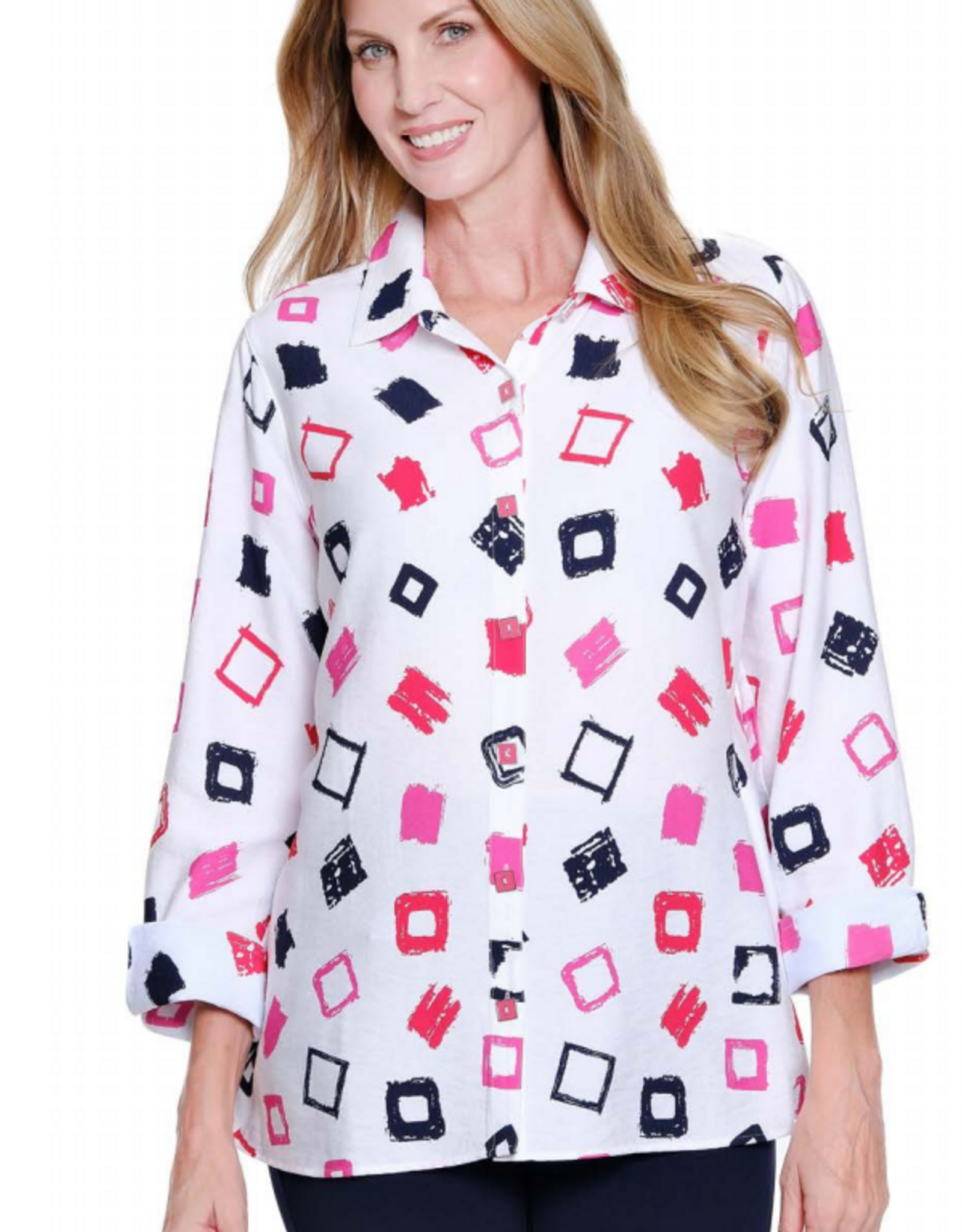 Sharon Young Inc Multiples White Multi Print Collar Button Up 3/4 Sleeve