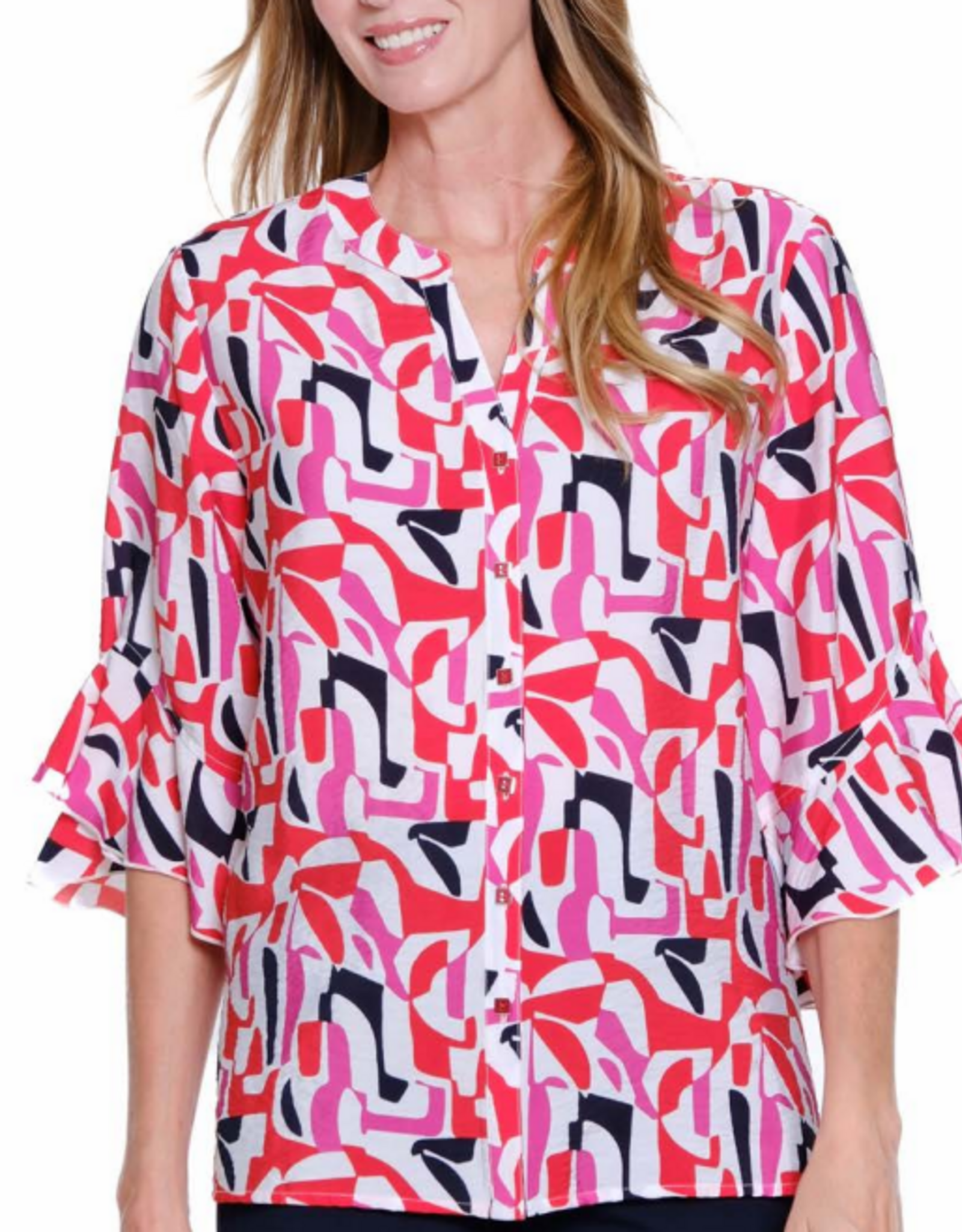 Sharon Young Inc Multiples Navy/Pink Print V-Neck 3/4 Sleeve Top