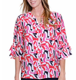 Sharon Young Inc Multiples Navy/Pink Print V-Neck 3/4 Sleeve Top