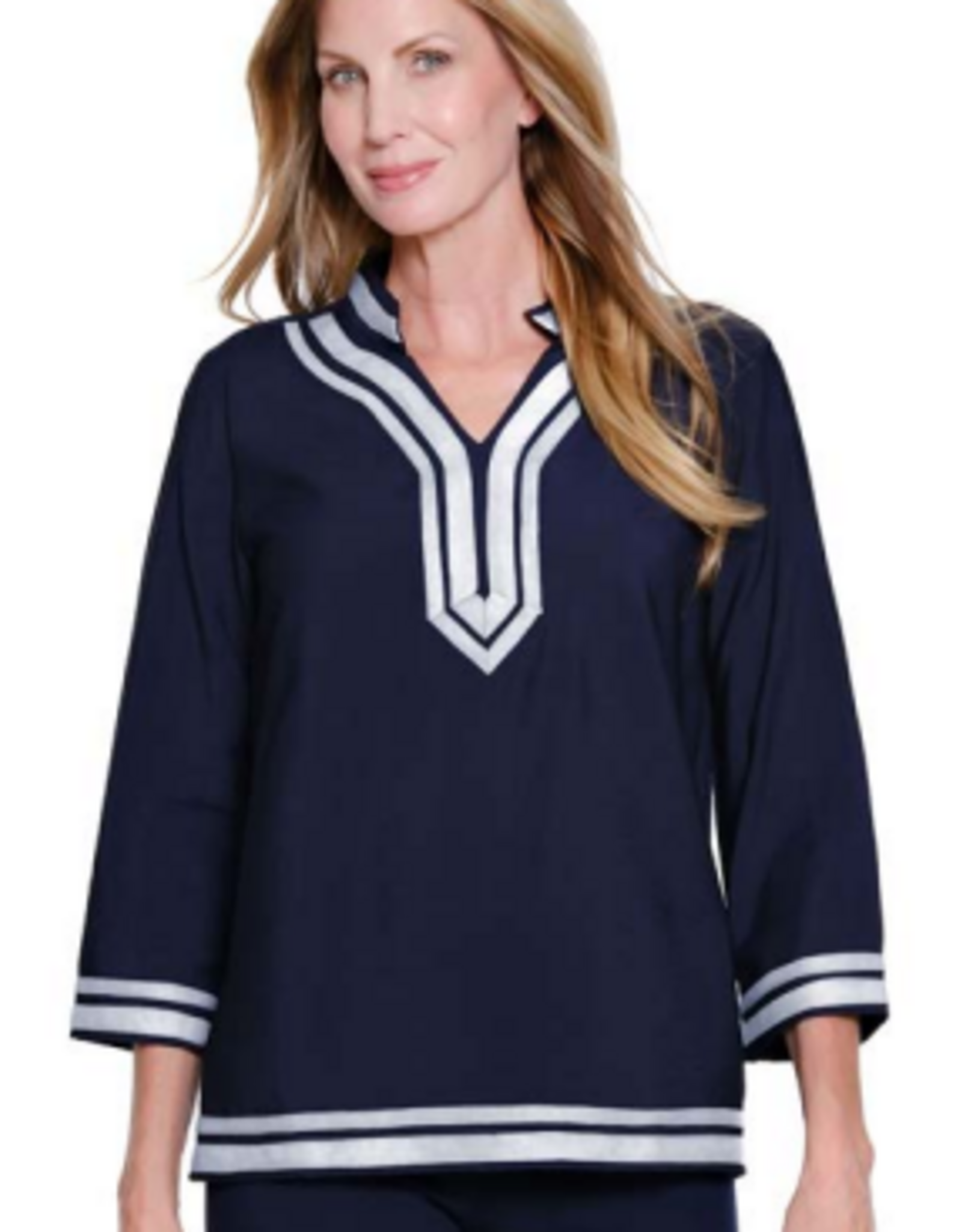 Sharon Young Inc Multiples Midnight  Notch Neck Stand Collar 3/4 Sleeve Top