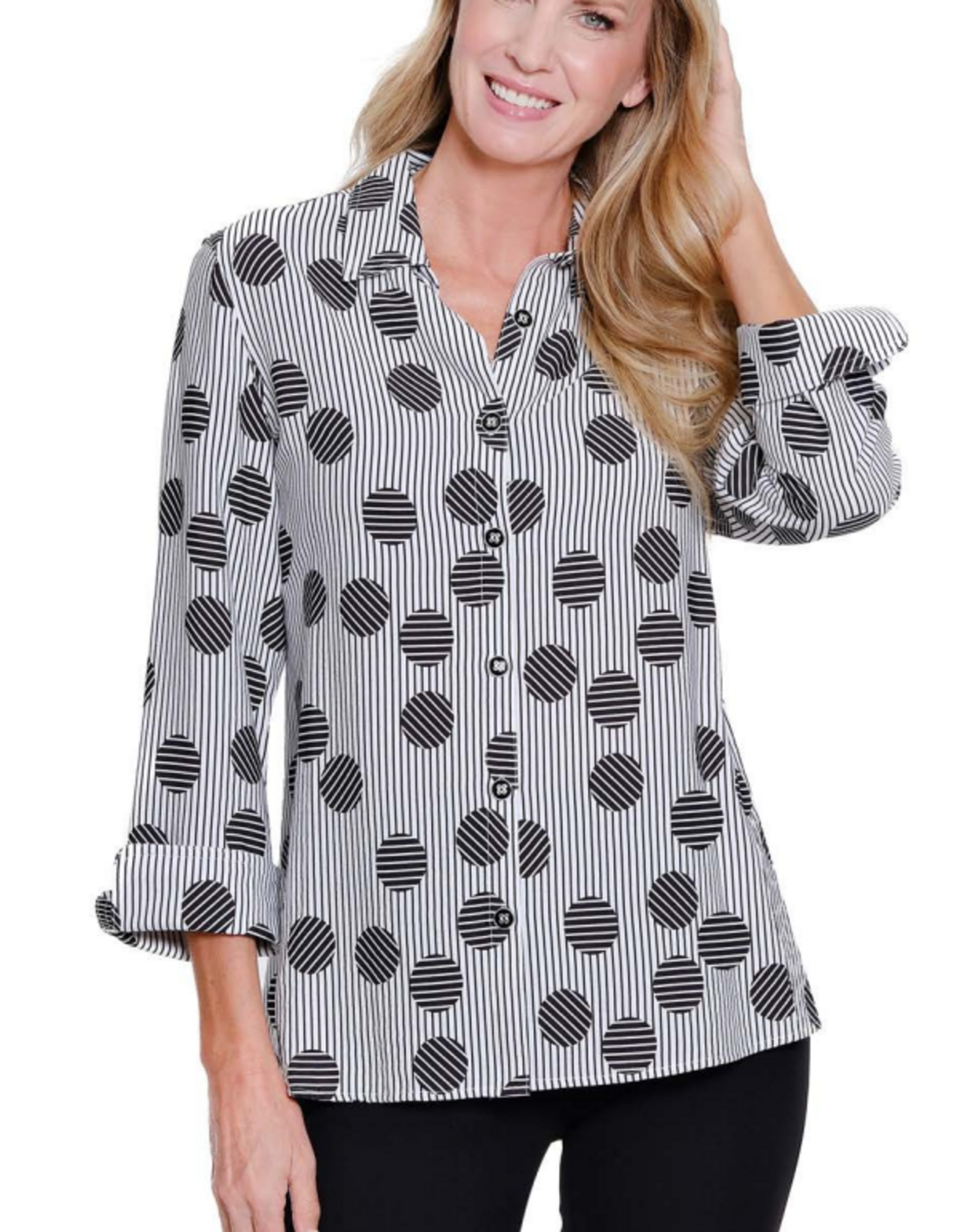 Sharon Young Inc Multiples  M16112BM  BLK?WHT Print Button Up 3/4 Sleeve Top