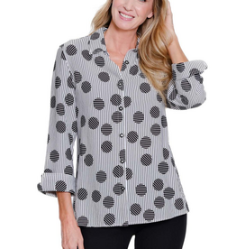 Sharon Young Inc Multiples BLK/WHT Print Button Up 3/4 Sleeve Top