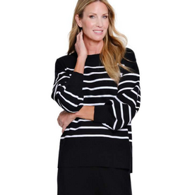 Sharon Young Inc Multiples M16103KM  BLK/WHT Stripe Round Neck L/S  Sweater