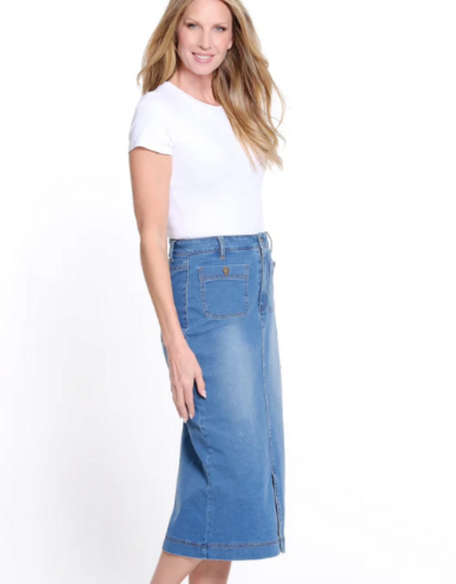 Sharon Young Inc Multiples Denim Mid Length  4 Pocket Skirt