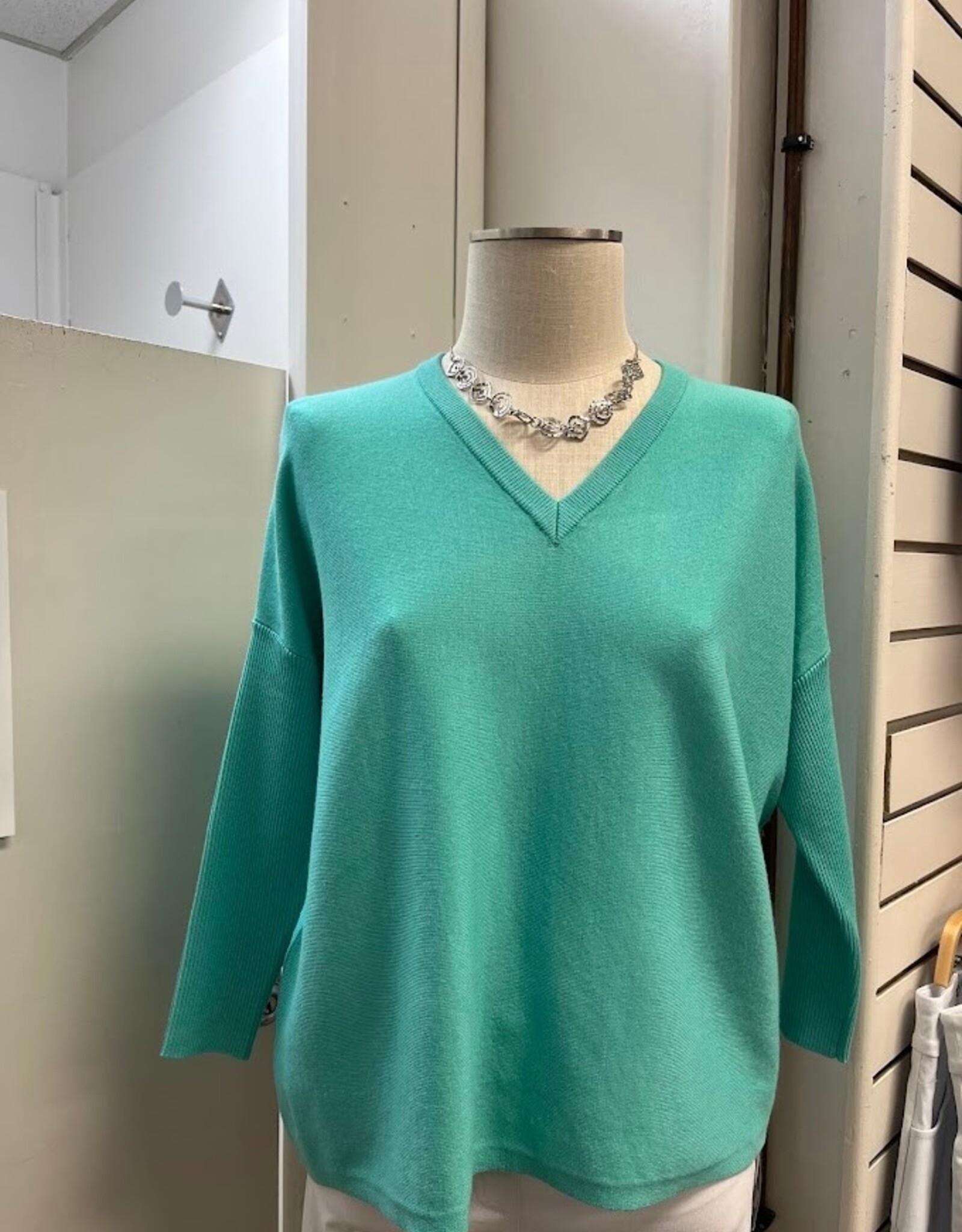 Metric Knits Metric Knits Coastal Jade V-Neck Long Sleeve Sweater Top