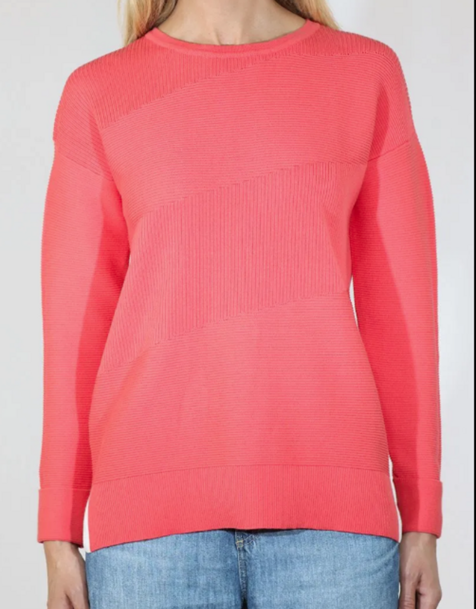 Meteric Knits Metrics Pretty Coral Combo  Round Neck 3/4 Sleeve Sweater
