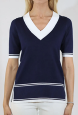 Meteric Knits Metrics Navy/WHT V- Neck Short Sleeve  Light Weight Sweater