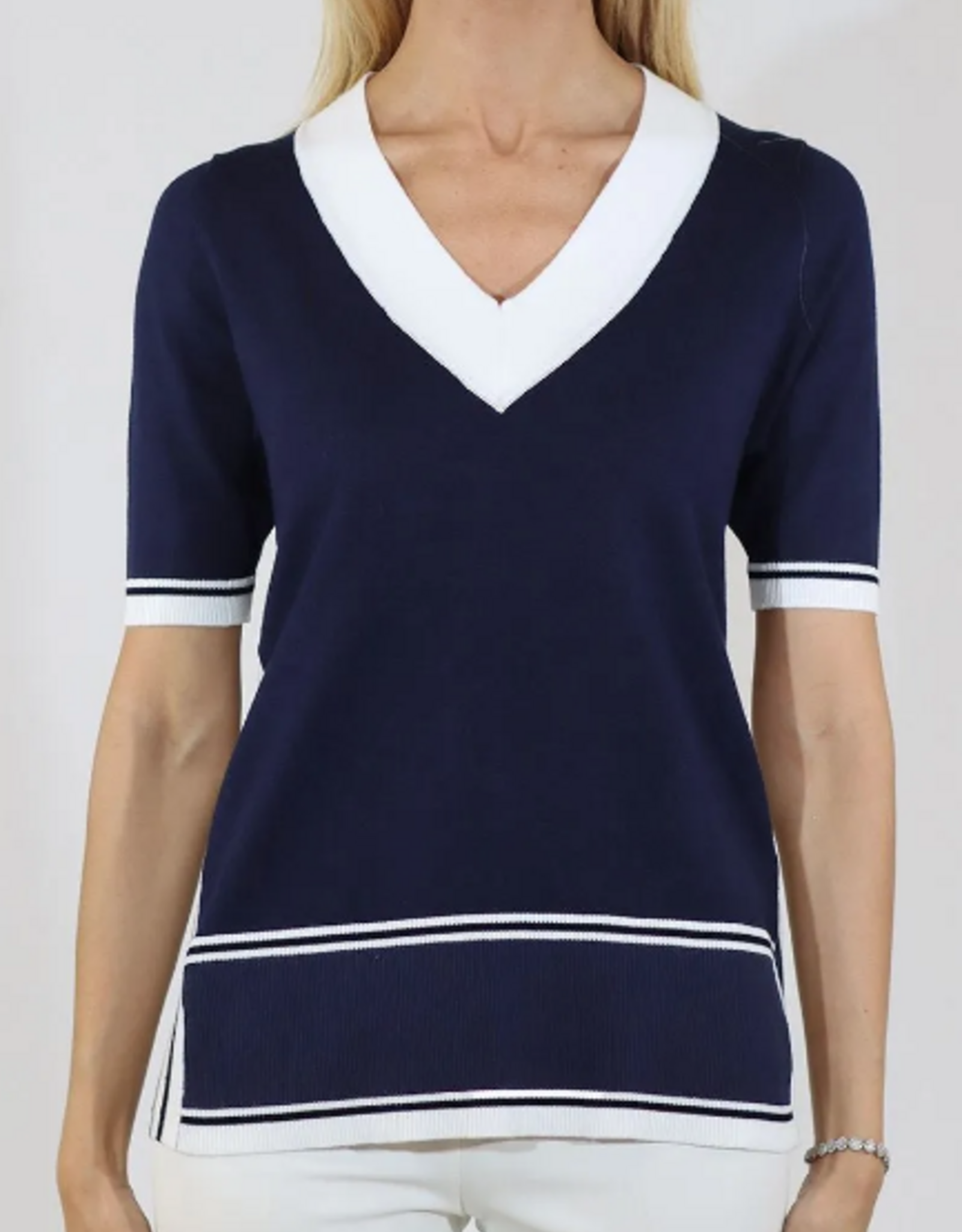 Meteric Knits Metrics Navy/WHT V- Neck Short Sleeve  Light Weight Sweater