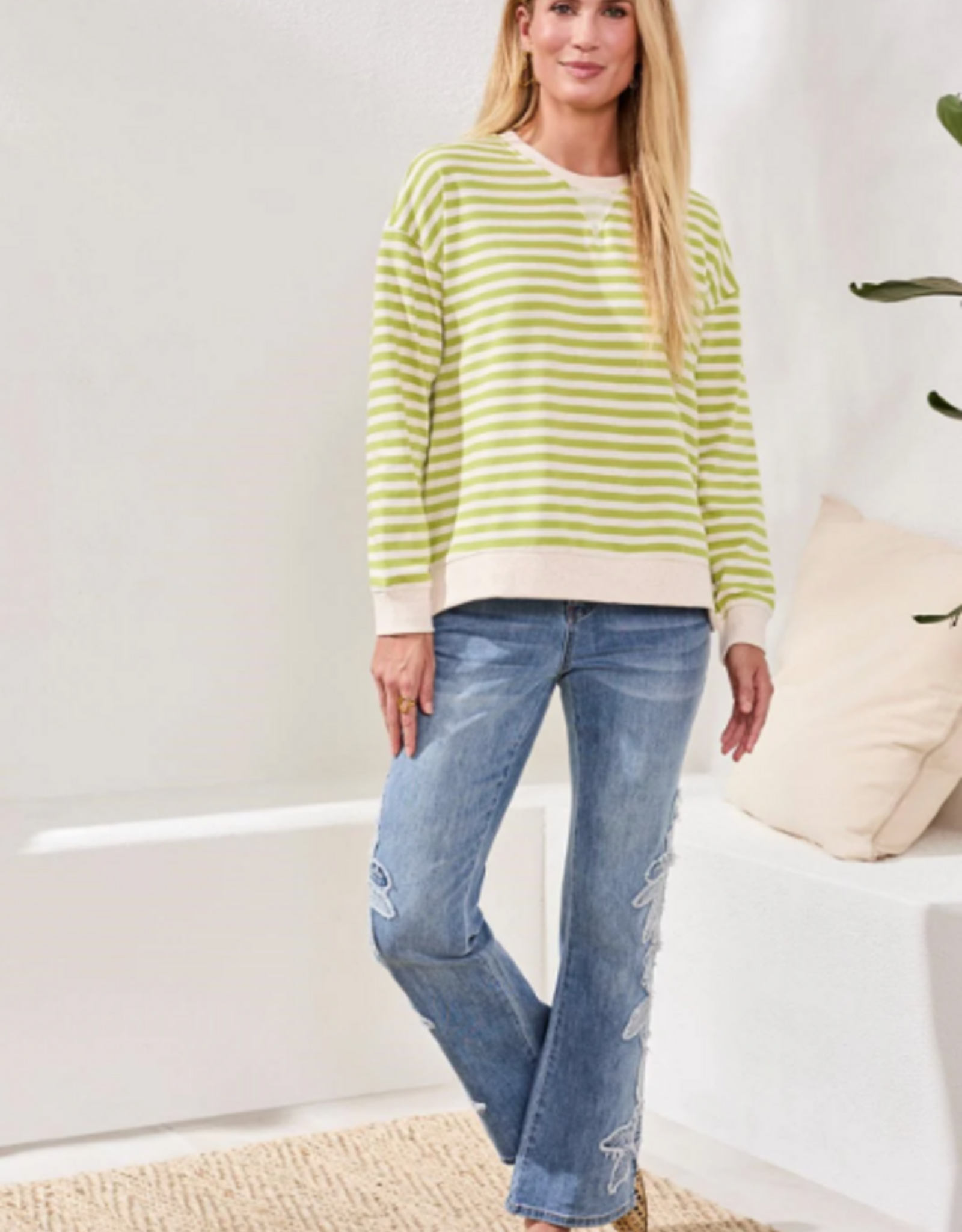 Tribal Tribal Mintleaf Striped Terry Crewneck Long Sleeve Top