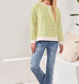 Tribal Tribal Mintleaf Striped Terry Crewneck Long Sleeve Top