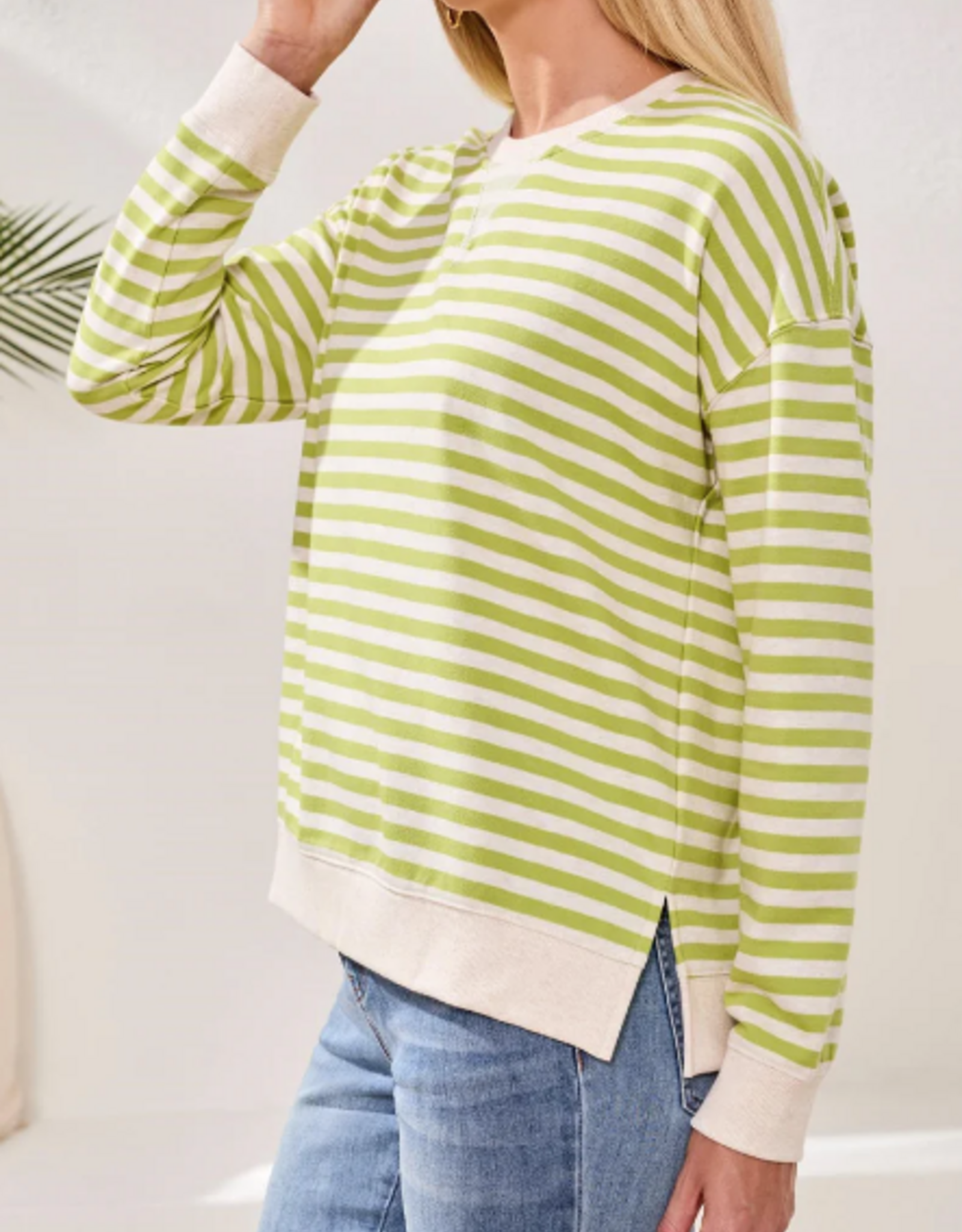 Tribal Tribal Mintleaf Striped Terry Crewneck Long Sleeve Top