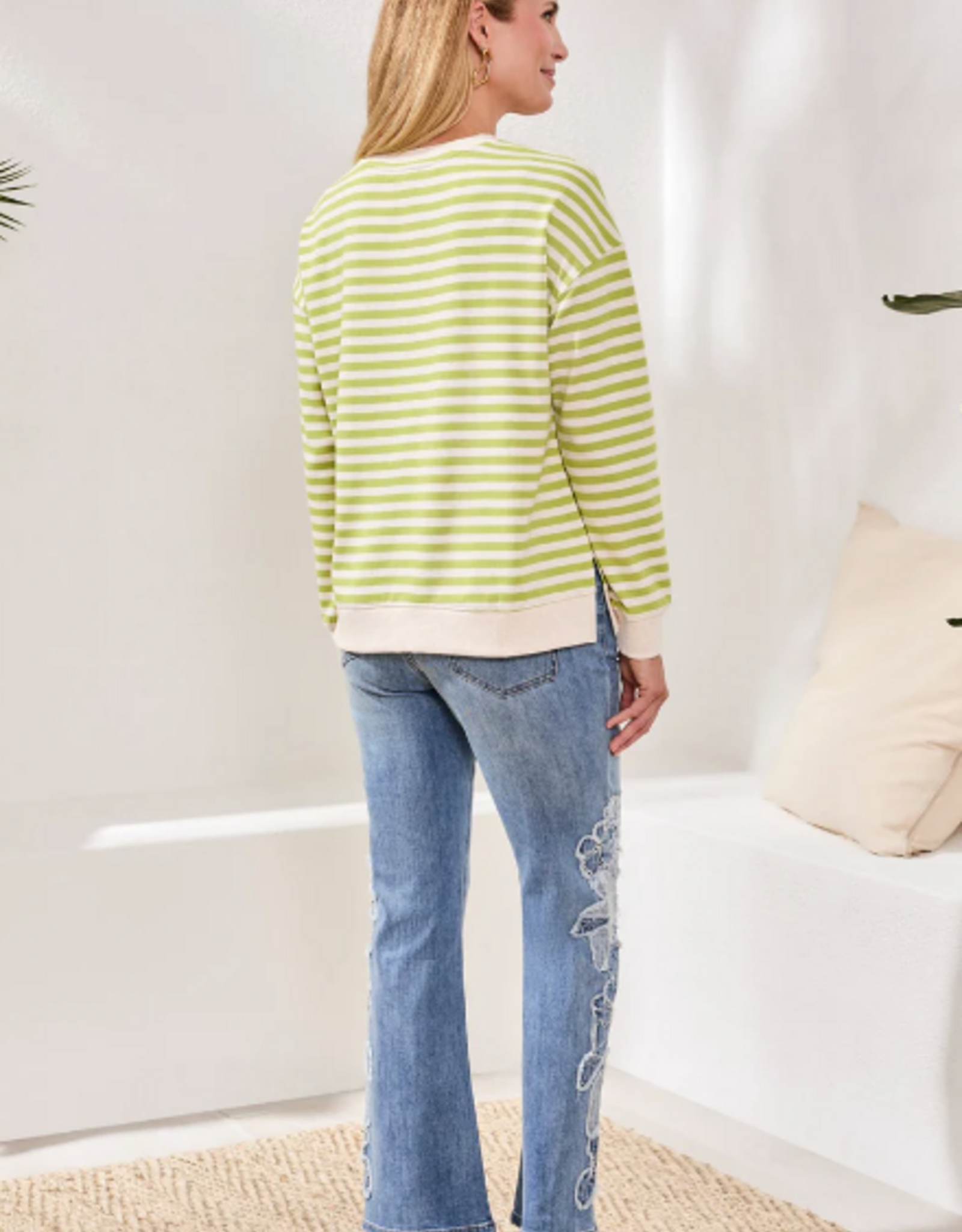 Tribal Tribal Mintleaf Striped Terry Crewneck Long Sleeve Top