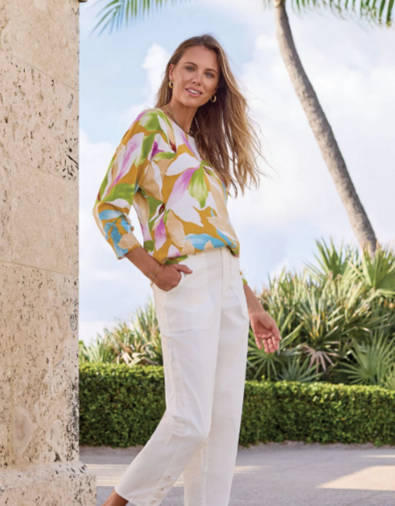 Tribal Tribal Gold Wisteria Soft Crewneck 3/4 Slv Sweater Top