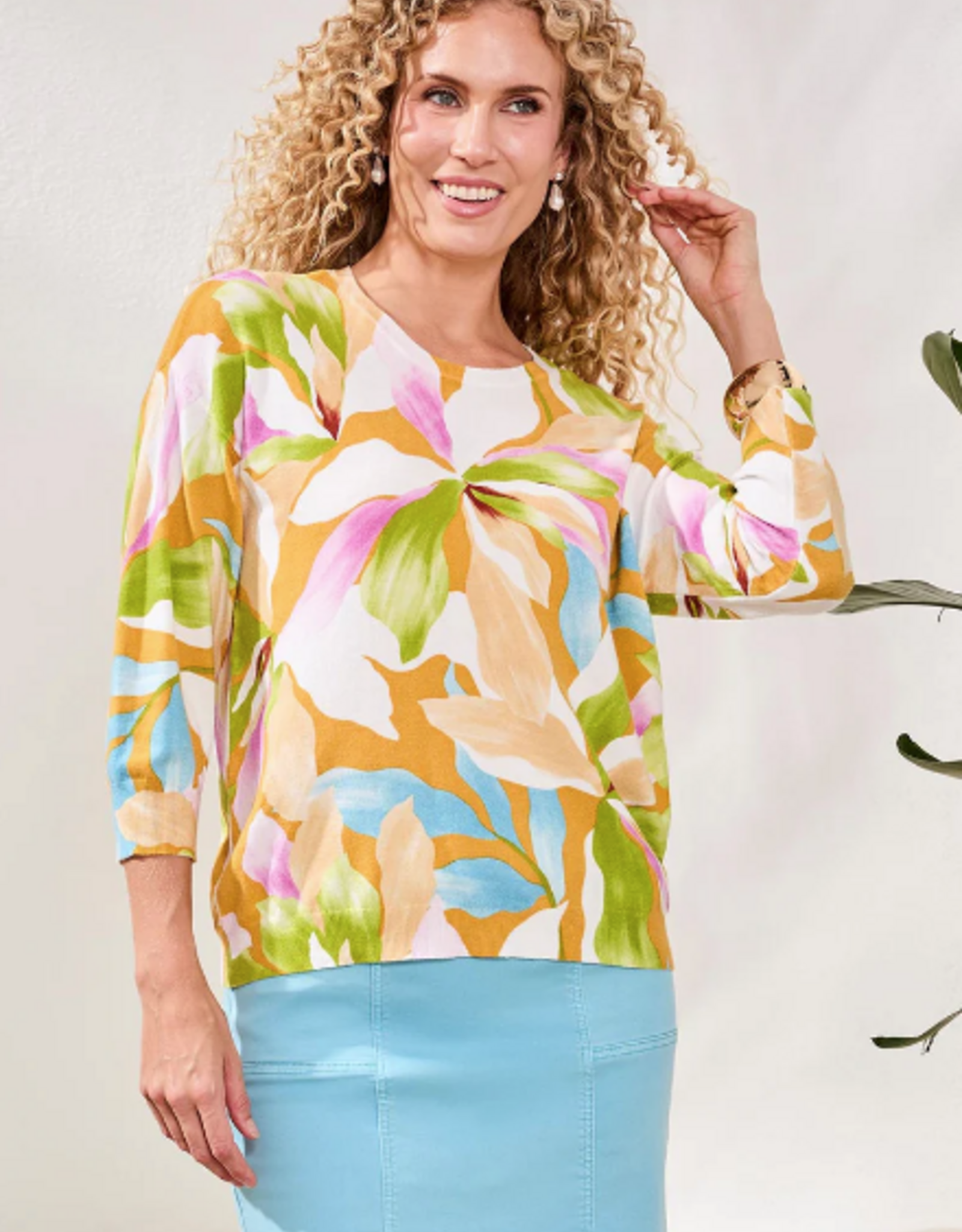 Tribal Tribal Gold Wisteria Soft Crewneck 3/4 Slv Sweater Top