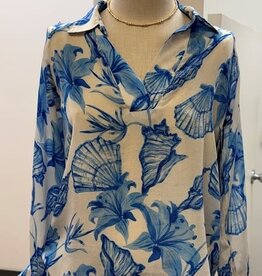APNY APNY Blue/White Seashell Print  Roll Tab Sleeve
