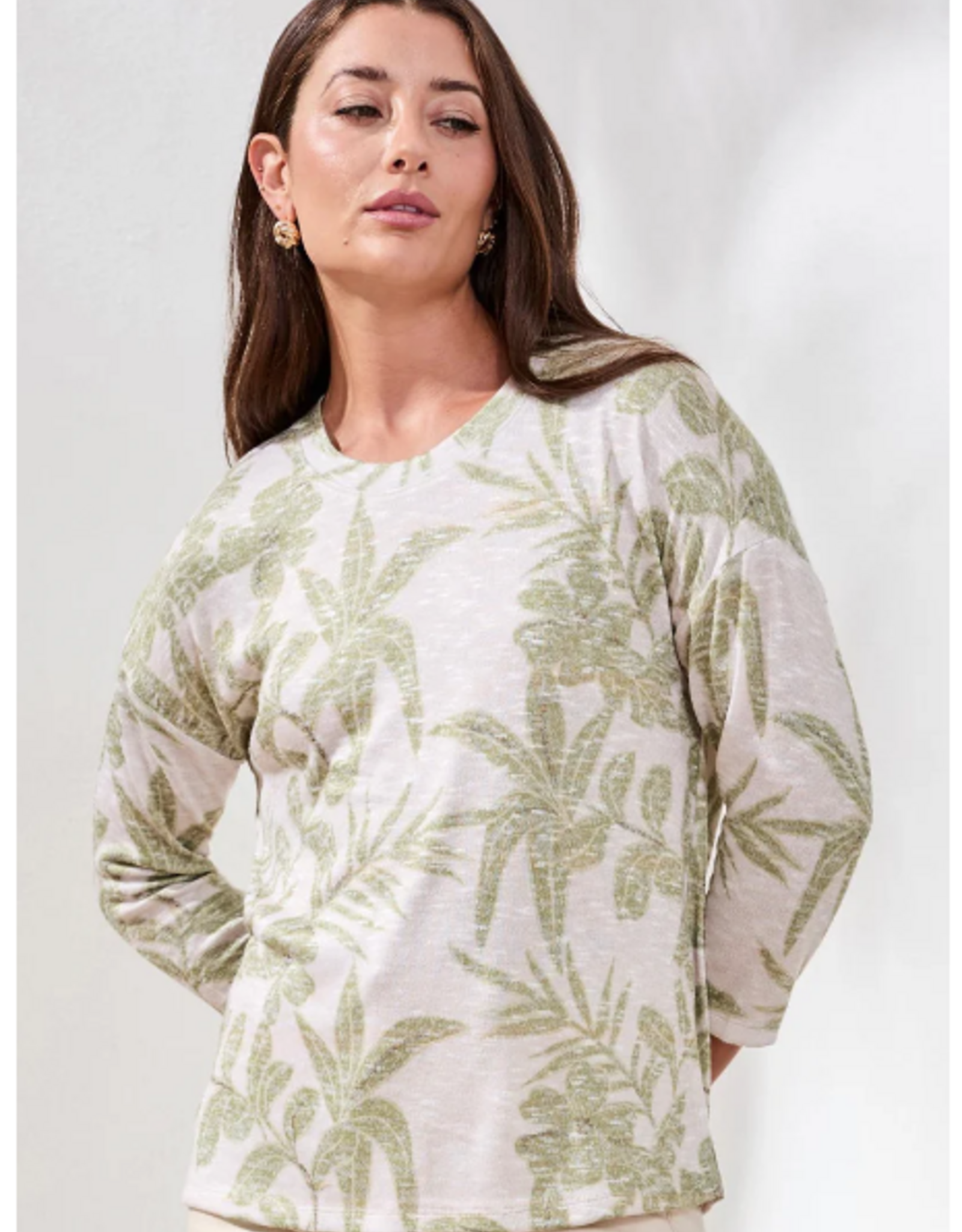 Tribal Tribal  Kiwi  Round Neck 3/4 Sleeve  Leaf Print Top
