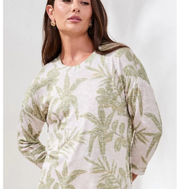 Tribal Tribal Kiwi  Round Neck 3/4 Sleeve  Leaf Print Top