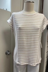 Tribal Tribal Tan/White Round Neck  Stripe  S/S Cuff  Top