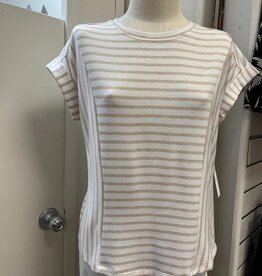 Tribal Tribal Tan/White Round Neck  Stripe  S/S Cuff  Top