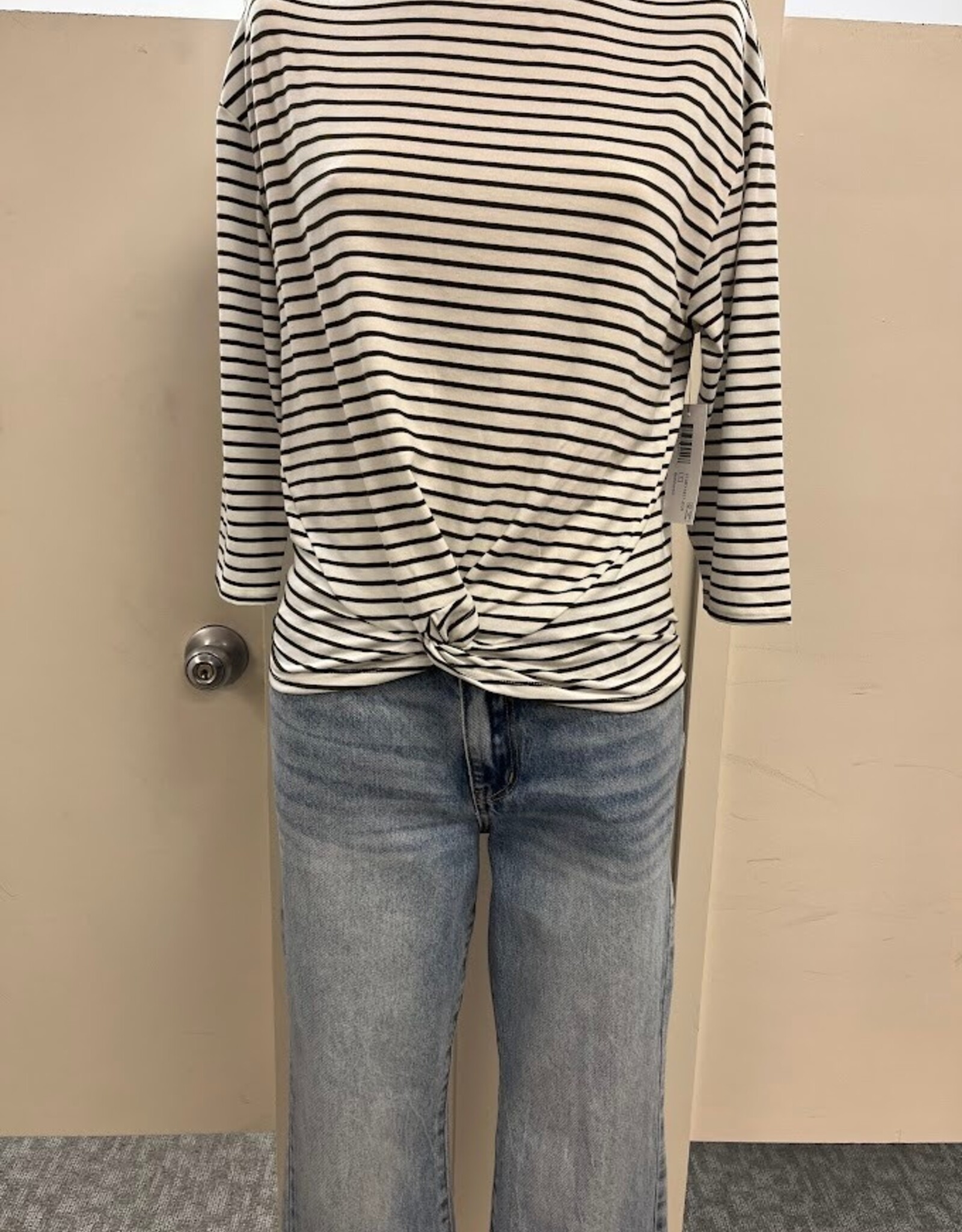 Tribal Tribal Blk/Wht Stripe Round Neck 3/4 Sleeve Top