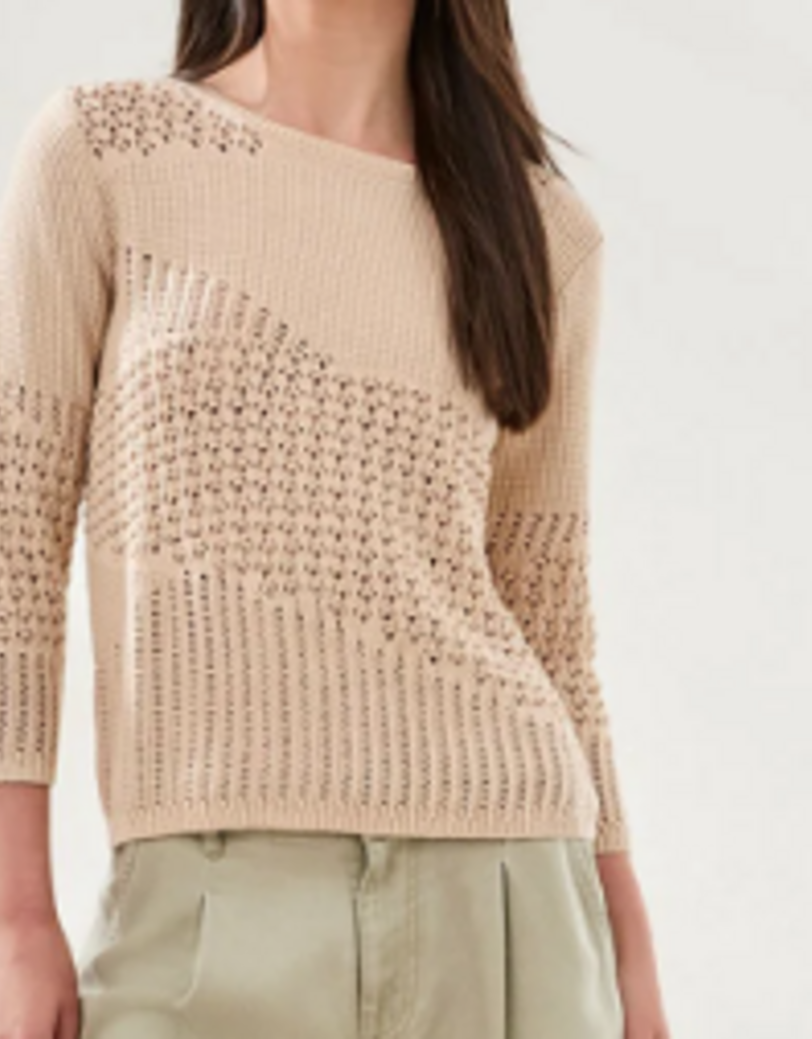 Tribal Tribal Coco Milk  Novelty Crochet 3/4 Sleeve Knit Sweater