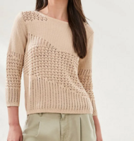 Tribal Tribal Coco Milk  Novelty Crochet 3/4 Sleeve Knit Sweater