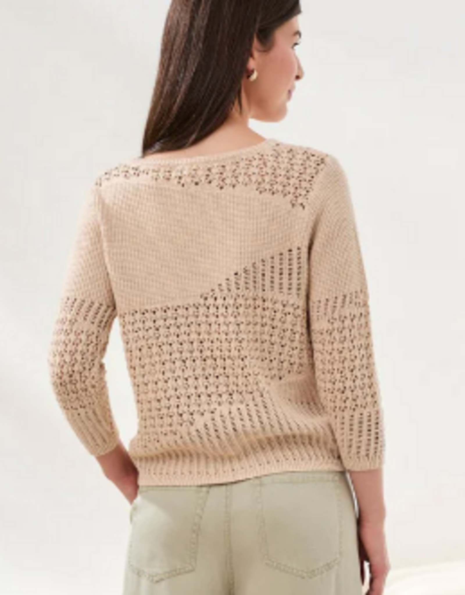 Tribal Tribal Coco Milk  Novelty Crochet 3/4 Sleeve Knit Sweater