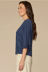 Democacy Democracy Navy Scoop Neck 3/4 Slv Embroidered Top