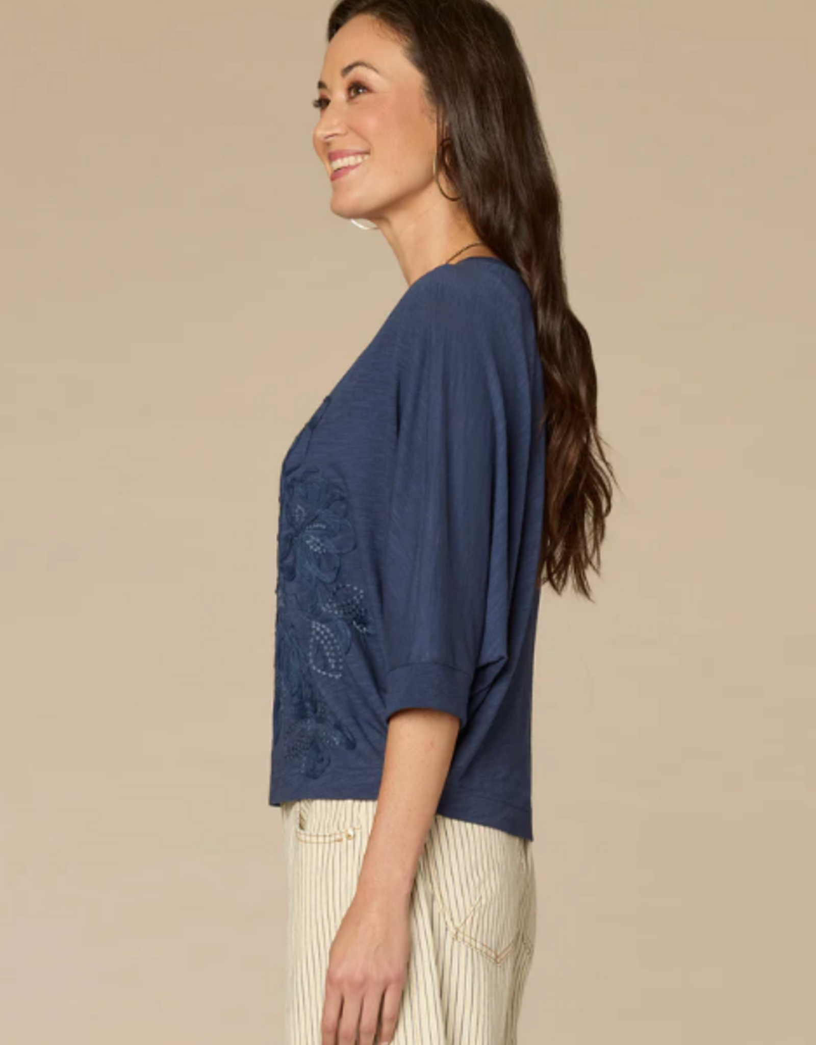 Democacy Democracy Navy Scoop Neck 3/4 Slv Embroidered Top