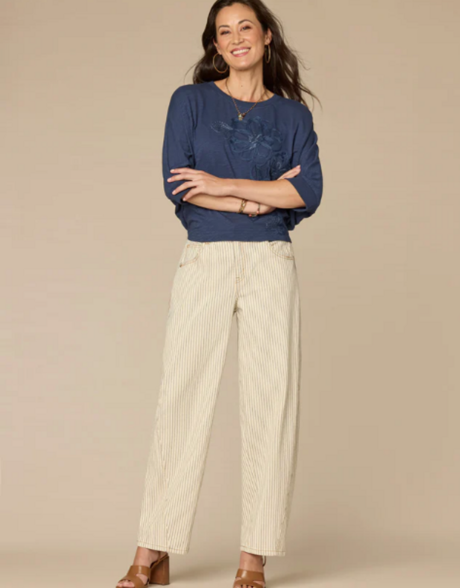 Democacy Democracy Navy Scoop Neck 3/4 Slv Embroidered Top