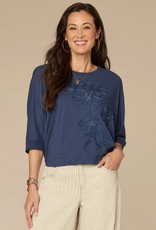 Democacy Democracy Navy Scoop Neck 3/4 Slv Embroidered Top