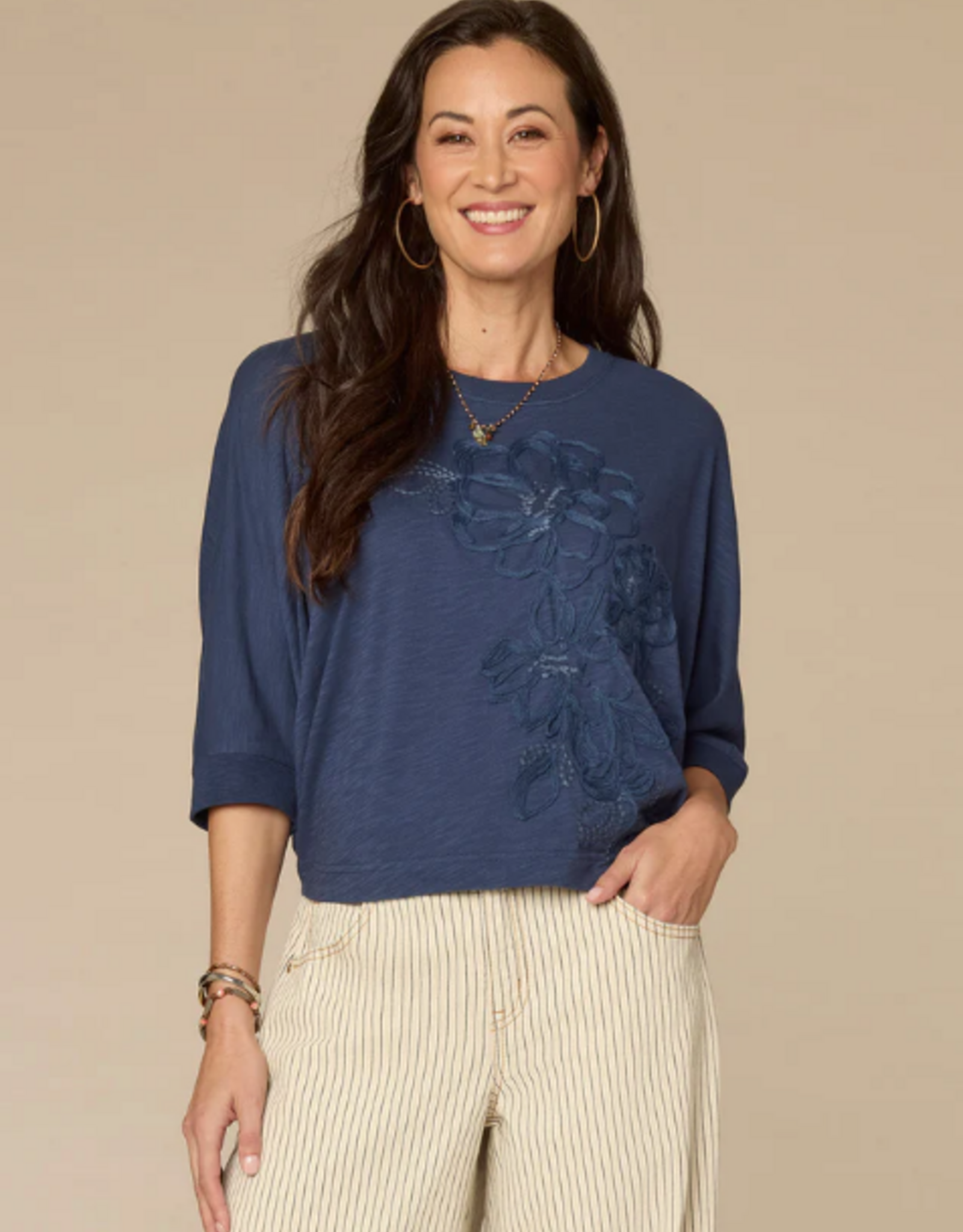 Democacy Democracy Navy Scoop Neck 3/4 Slv Embroidered Top