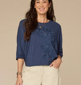 Democacy Democracy Navy Scoop Neck 3/4 Slv Embroidered Top