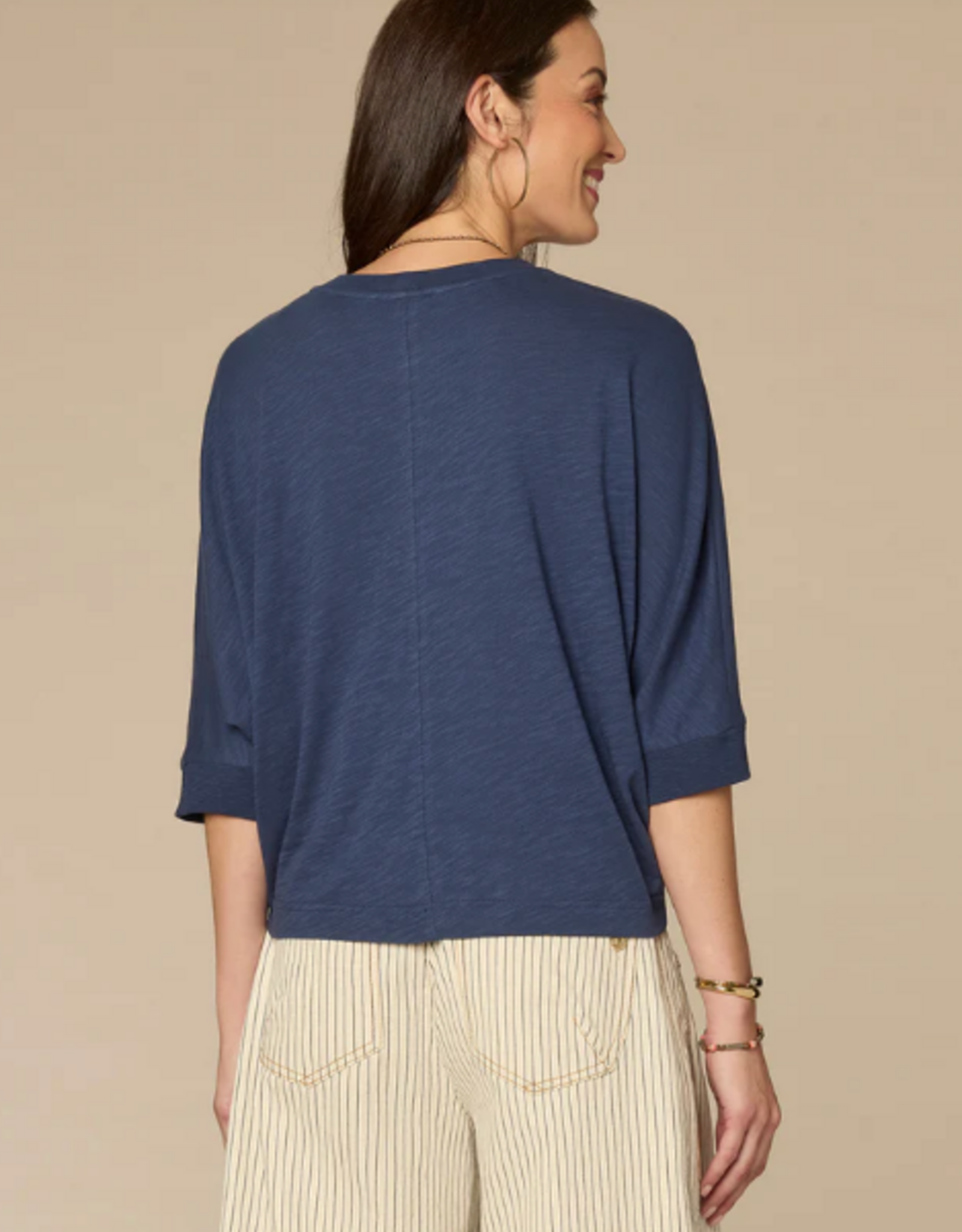 Democacy Democracy Navy Scoop Neck 3/4 Slv Embroidered Top