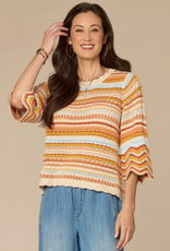Democracy Democracy Honey Striped Crochet Round Neck 3/4 Bell Slv Sweater Top