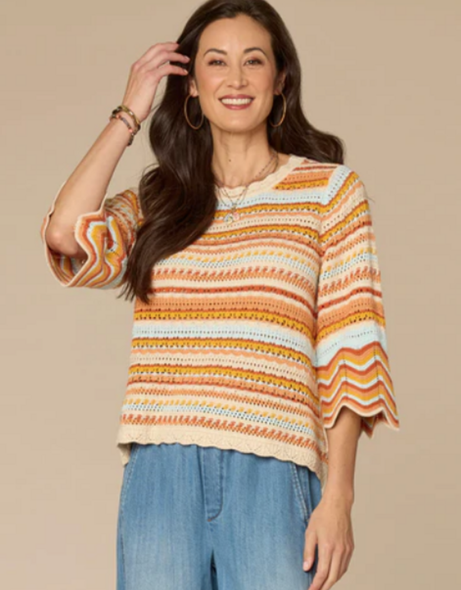 Democracy Democracy Honey Striped Crochet Round Neck 3/4 Bell Slv Sweater Top