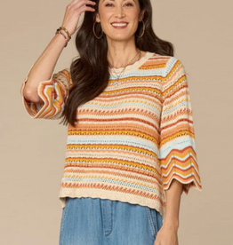 Democracy Democracy Honey Striped Crochet Round Neck 3/4 Bell Slv Sweater Top