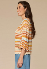 Democracy Democracy Honey Striped Crochet Round Neck 3/4 Bell Slv Sweater Top