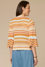 Democracy Democracy Honey Striped Crochet Round Neck 3/4 Bell Slv Sweater Top