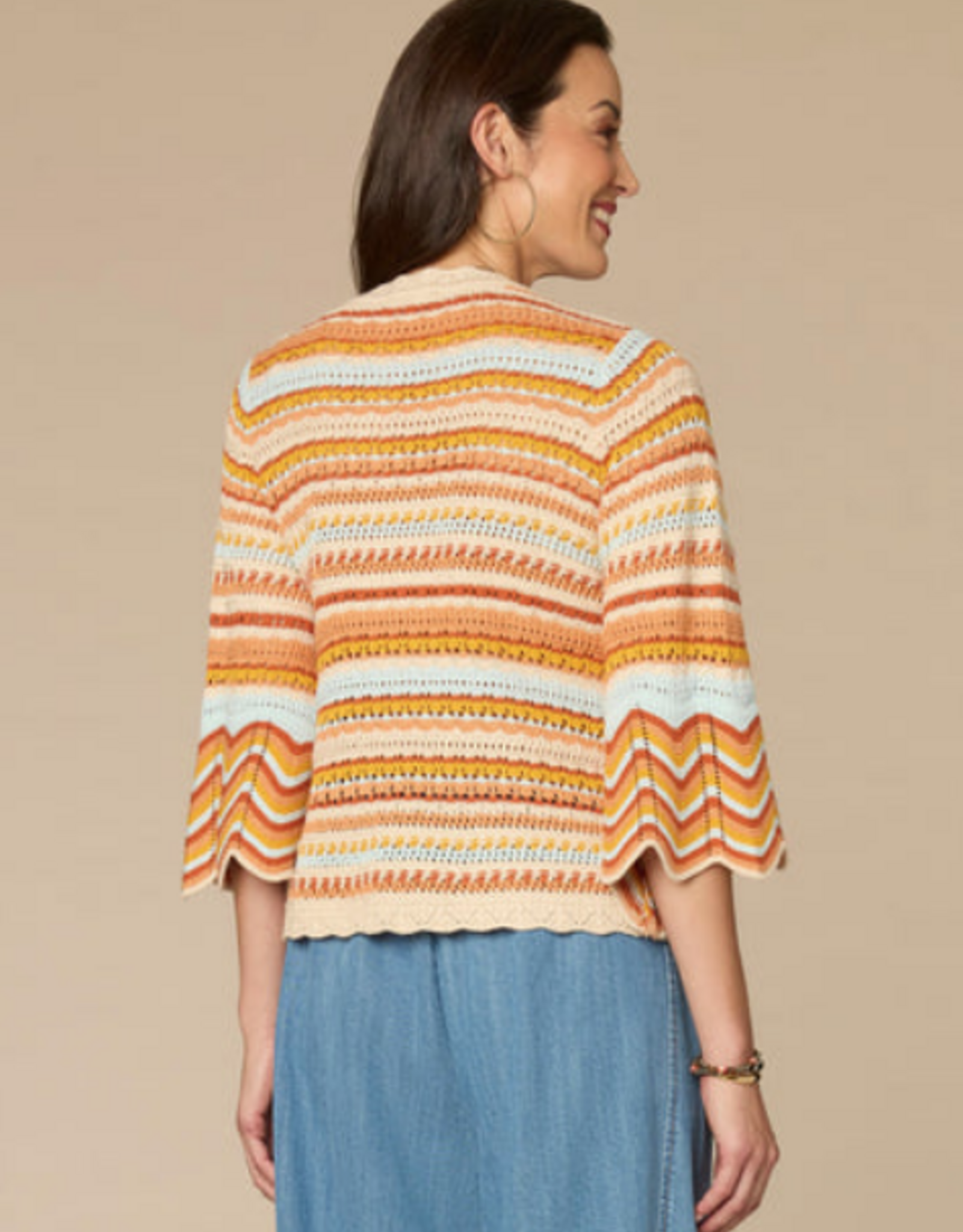 Democracy Democracy Honey Striped Crochet Round Neck 3/4 Bell Slv Sweater Top